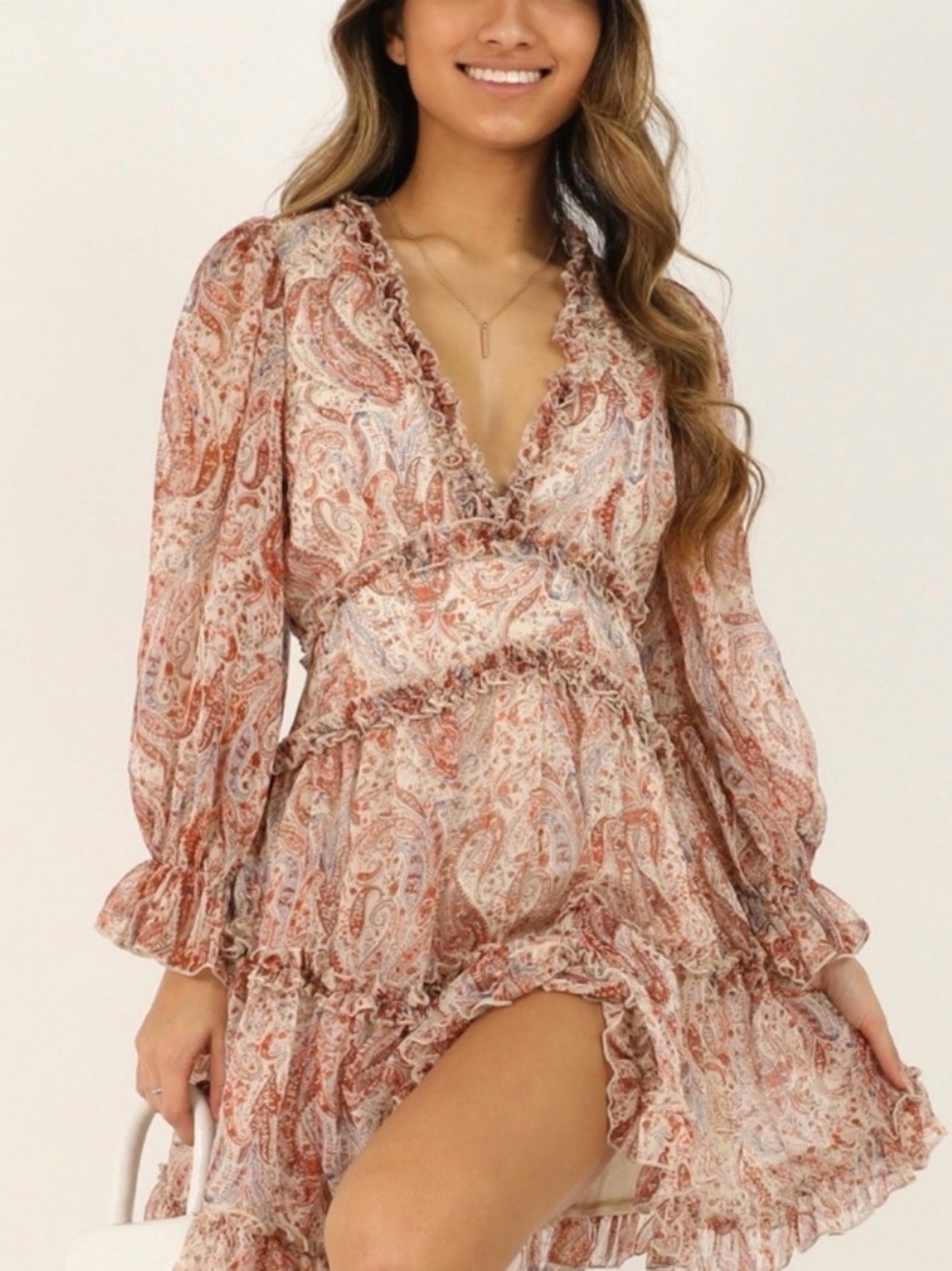 Ruffled V-Neck Paisley Mini Dress in Rust VENUS small 4 *see flaws in pic